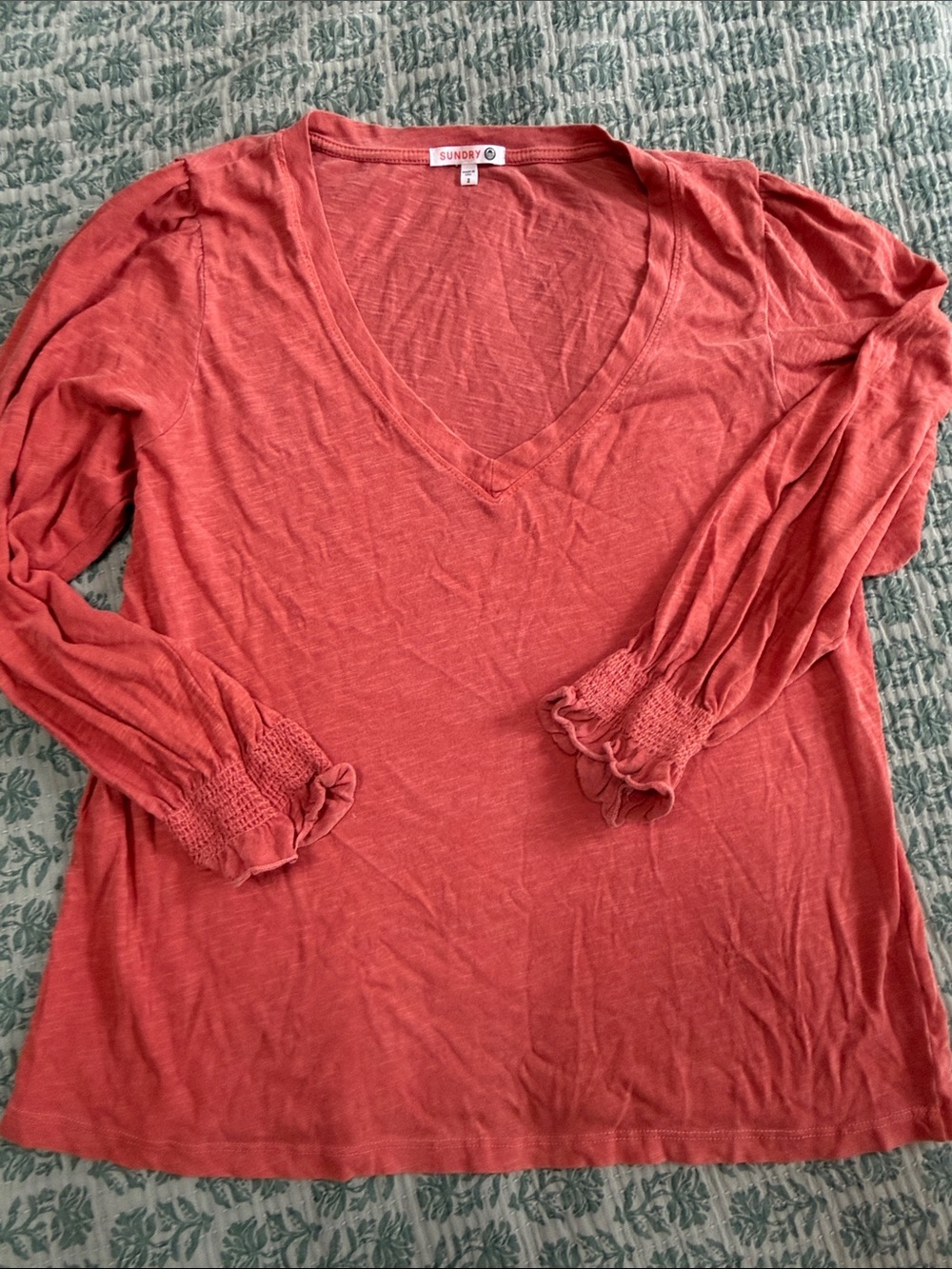 Sundry Coral V-Neck Long Sleeve Top with Smocked Ruffle Cuffs